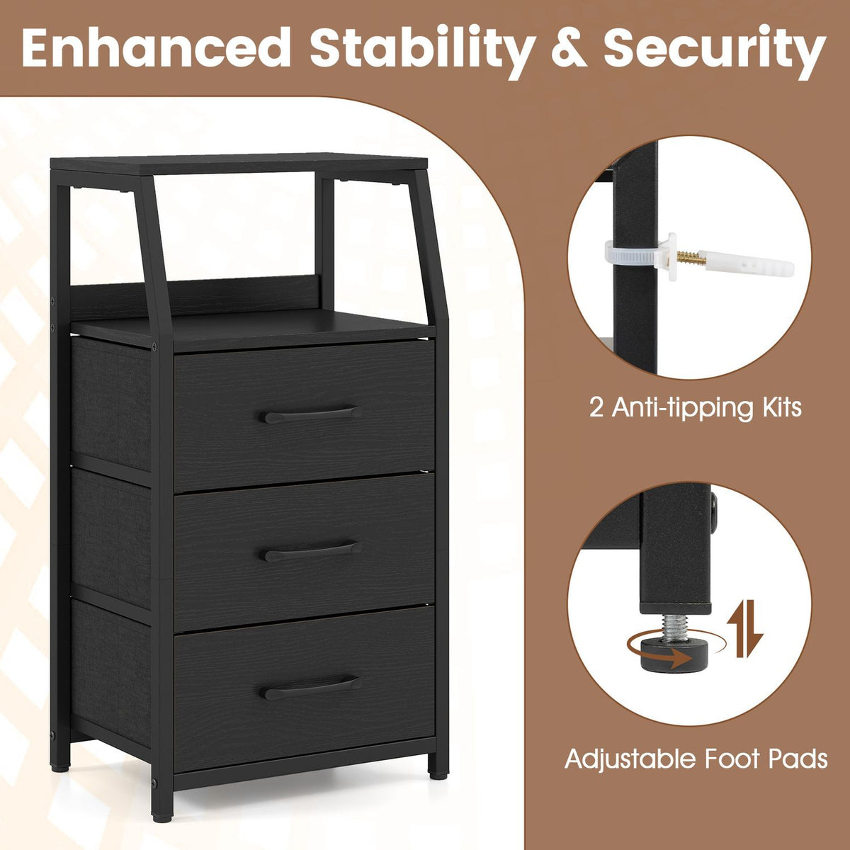 Front view of a black three-drawer nightstand, with close-ups of an anti-tip strap and adjustable foot pad.