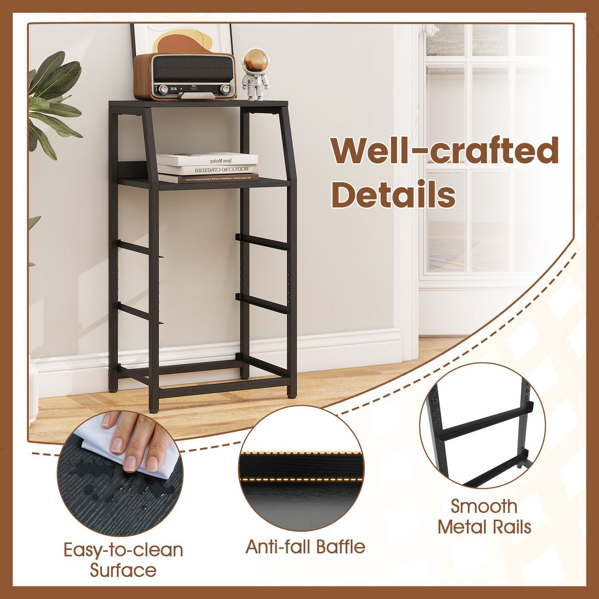 Tall black open-frame table in a bright room, with circular close-ups of its surface and metal rails.