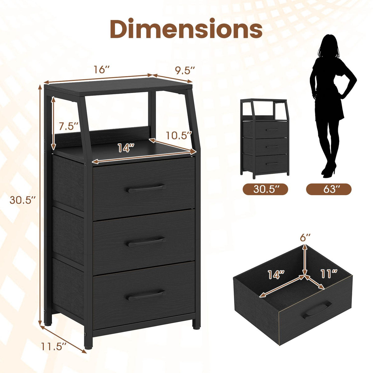 Dimension diagram of the black nightstand, with a person silhouette and a separate drawer illustration.