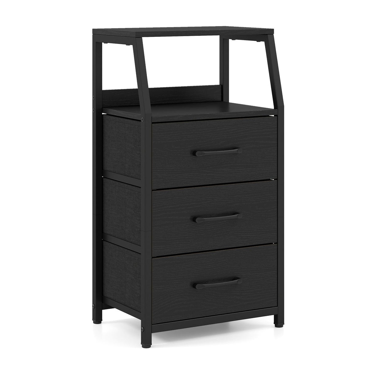 Standalone black nightstand viewed at an angle, showing three drawers and the open upper shelf.