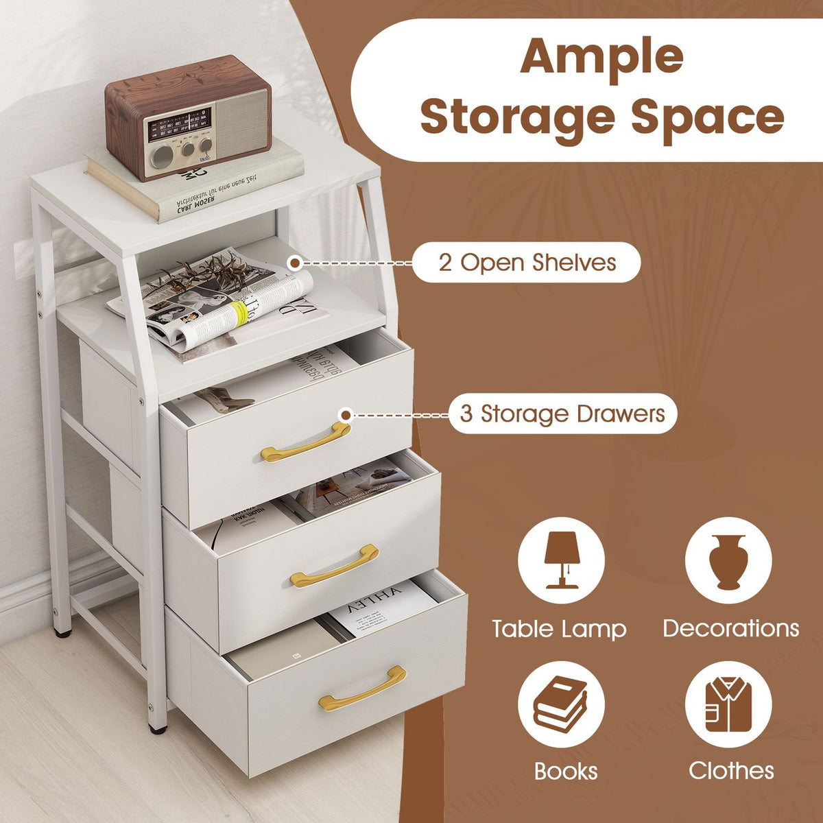 White narrow storage unit with three open fabric drawers and two shelves, shown beside storage-use icons.