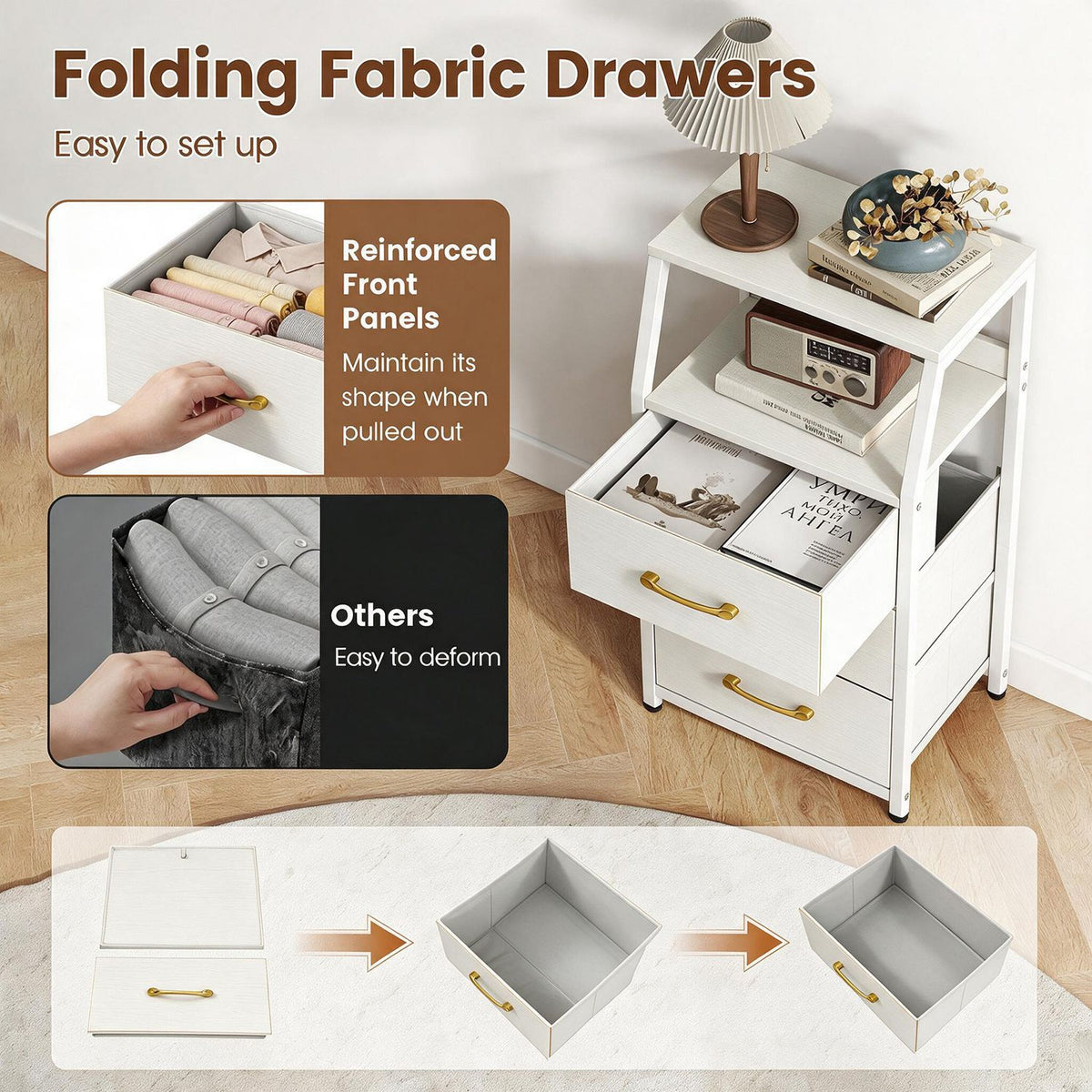 White shelving unit with an open drawer, alongside close-ups showing fabric drawer construction and folding steps.