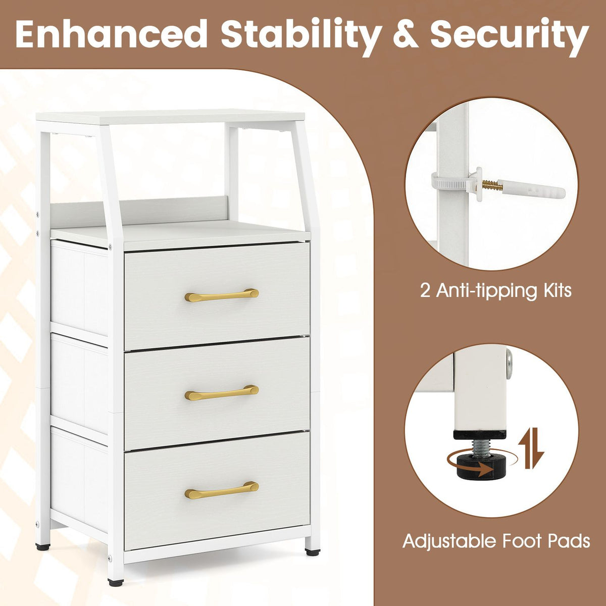 White three-drawer unit with close-ups of an anti-tip strap and adjustable foot pad.