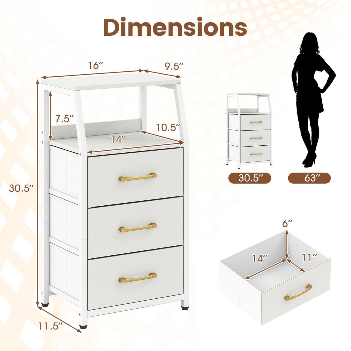 Dimension diagram showing the nightstand and a drawer, with measurement arrows and a person silhouette for scale.