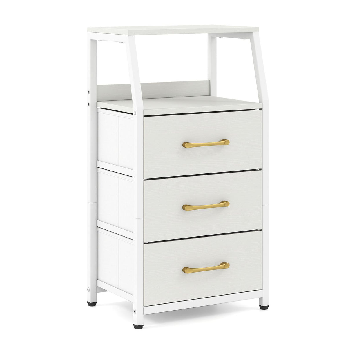 White nightstand shown alone, with three fabric-front drawers, gold handles, and open shelves above.