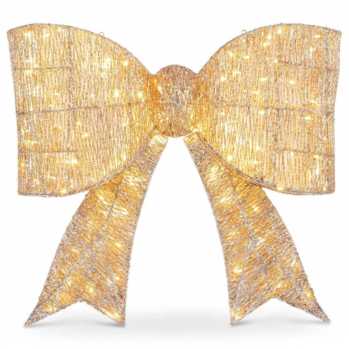 A freestanding gold bow with two long tails glows against a white background.