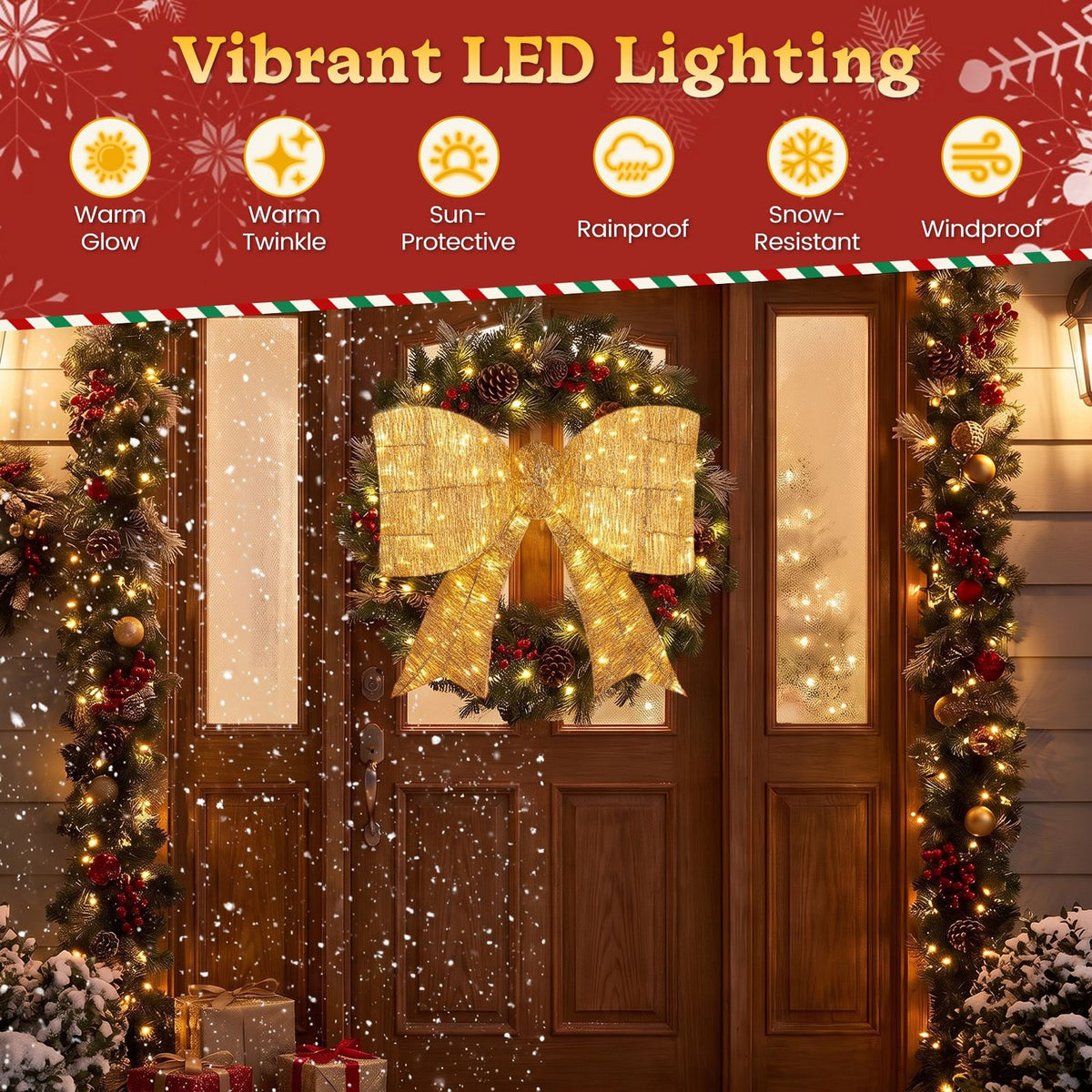 Lighted gold bow on a decorated front door, shown beneath a row of lighting feature icons.
