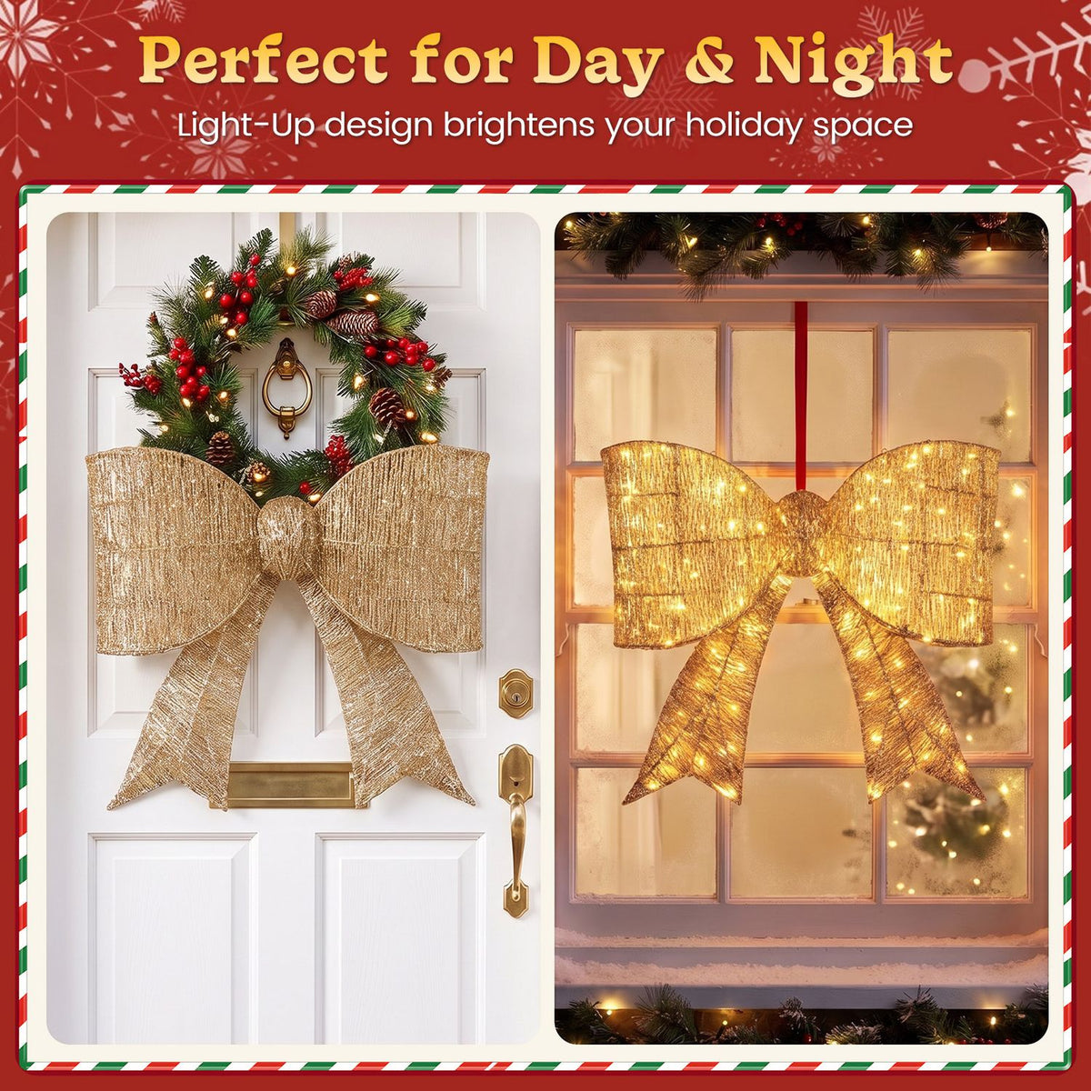 Two views show the bow on a white door unlit and glowing on a window at night.