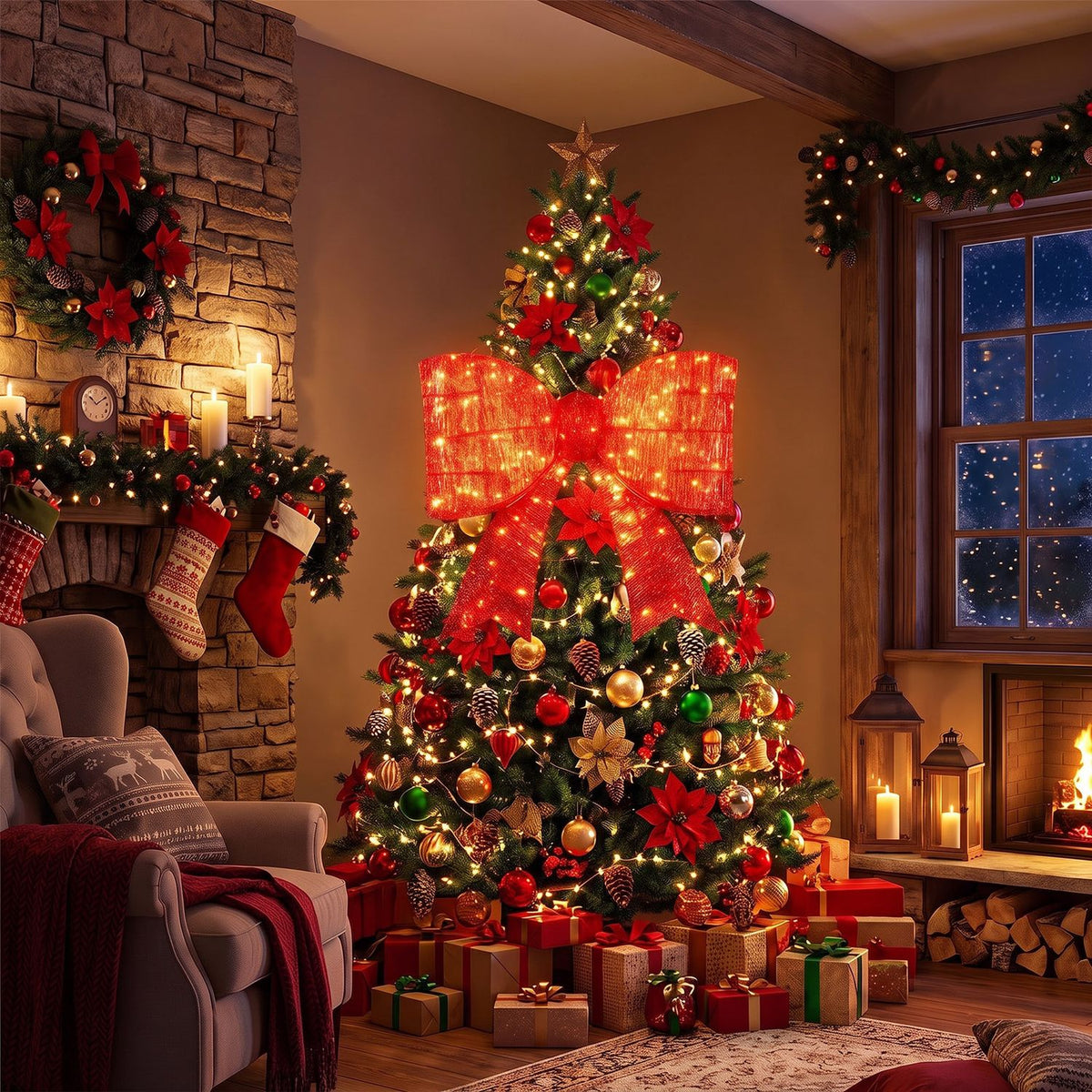 A large illuminated red bow sits on a decorated Christmas tree in a cozy living room.