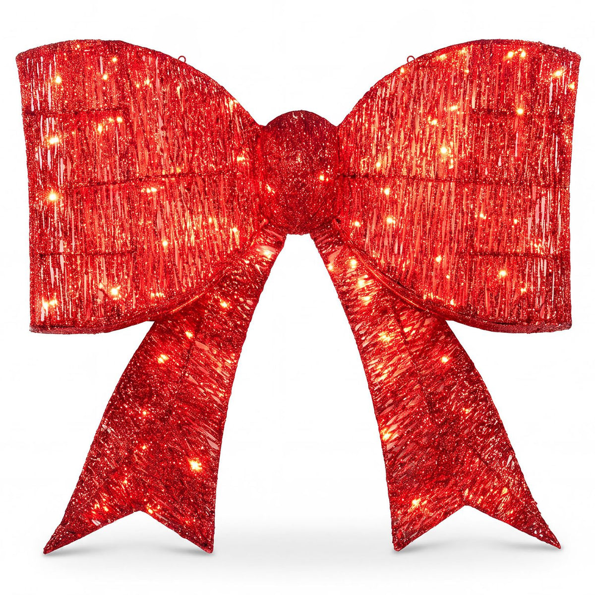 An illuminated red bow with two pointed tails is shown against a white background.