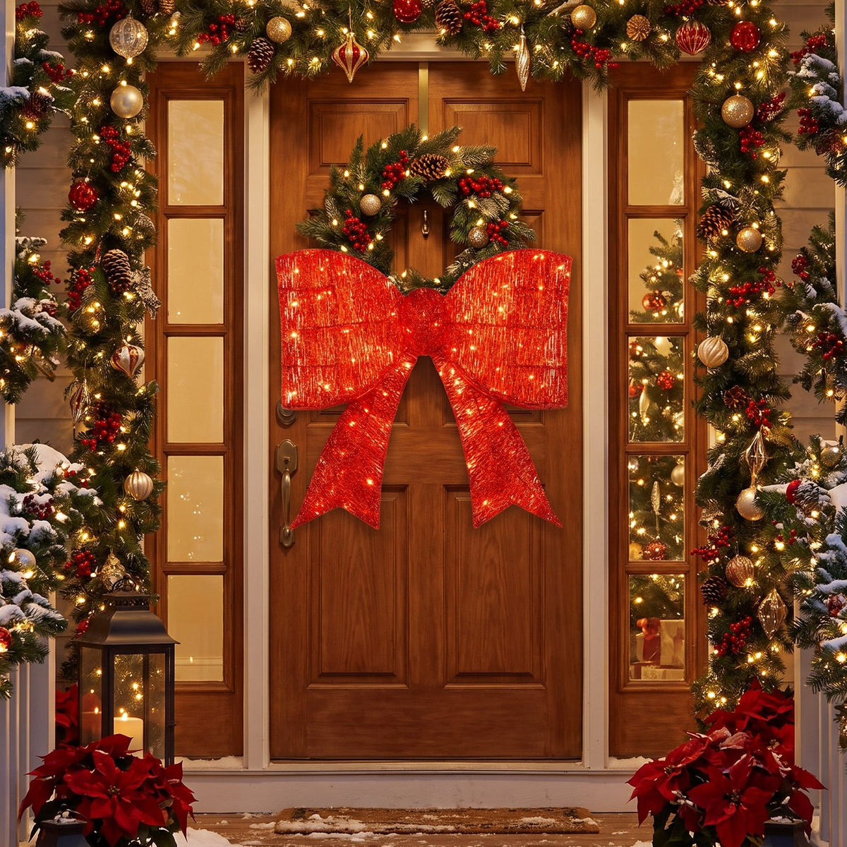 Large glowing red bow hangs on a wooden front door framed by lit Christmas garlands and poinsettias.