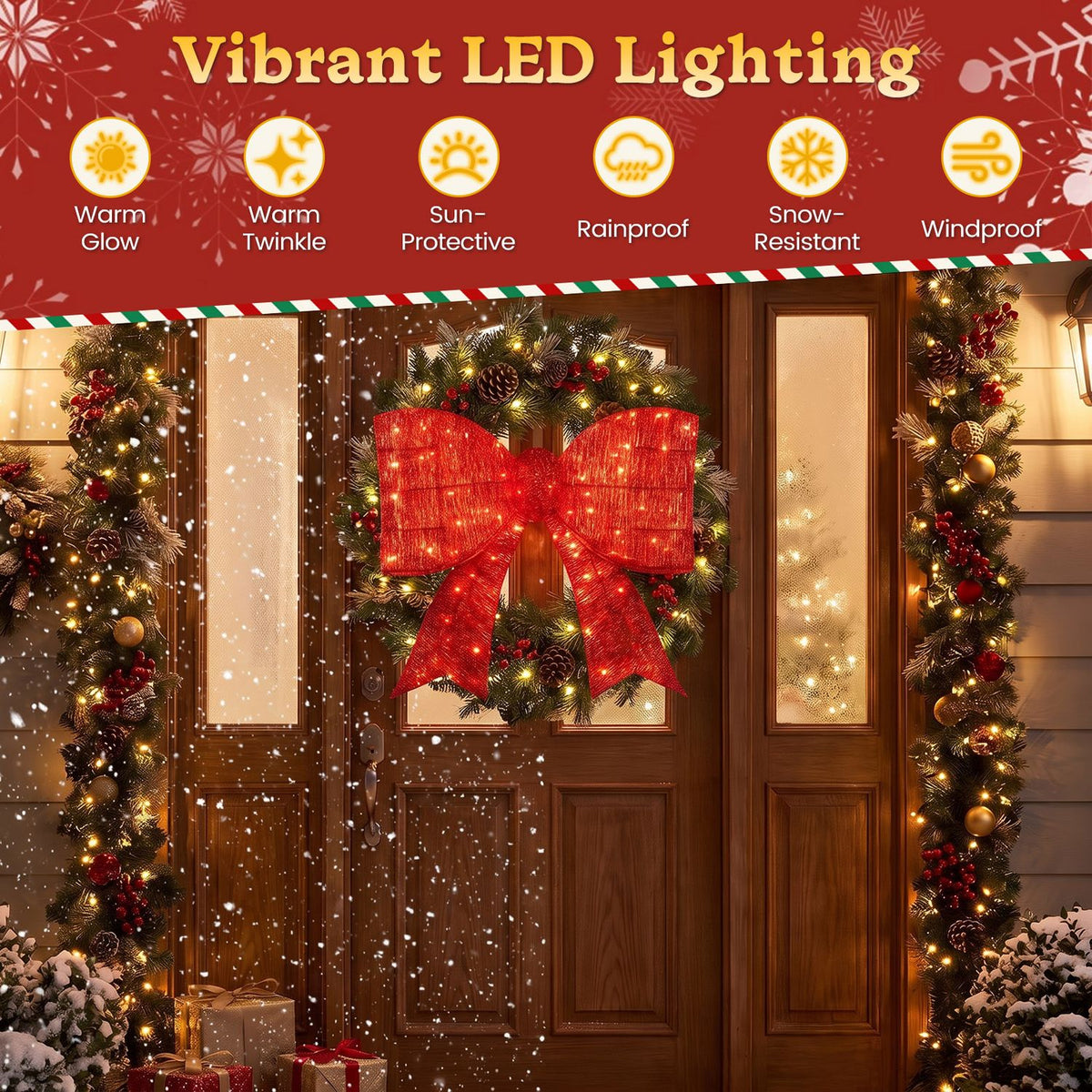 Glowing red bow hangs on a decorated front door beneath a row of lighting and weather icons.