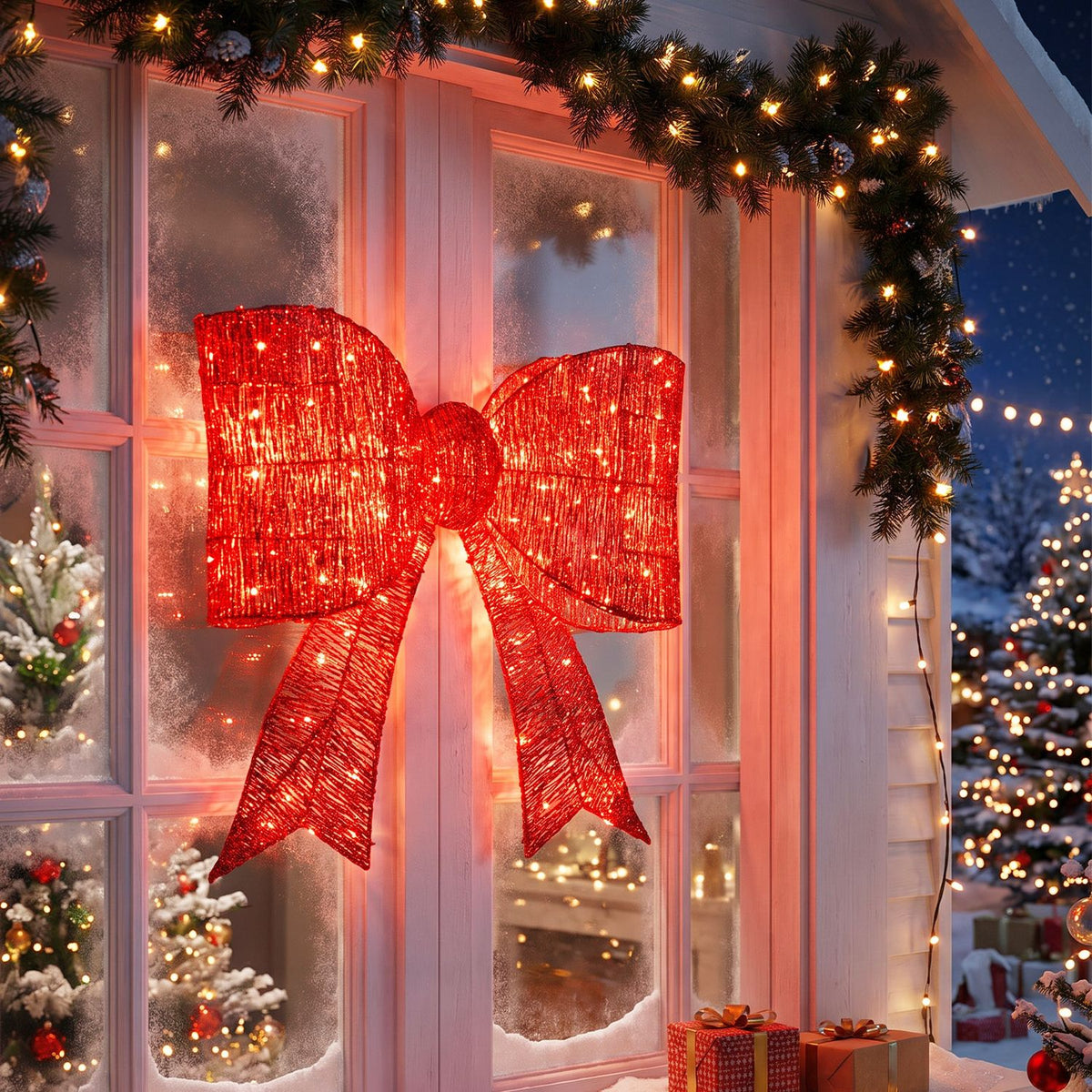 Illuminated red bow hanging on a window beside a snowy outdoor Christmas scene.