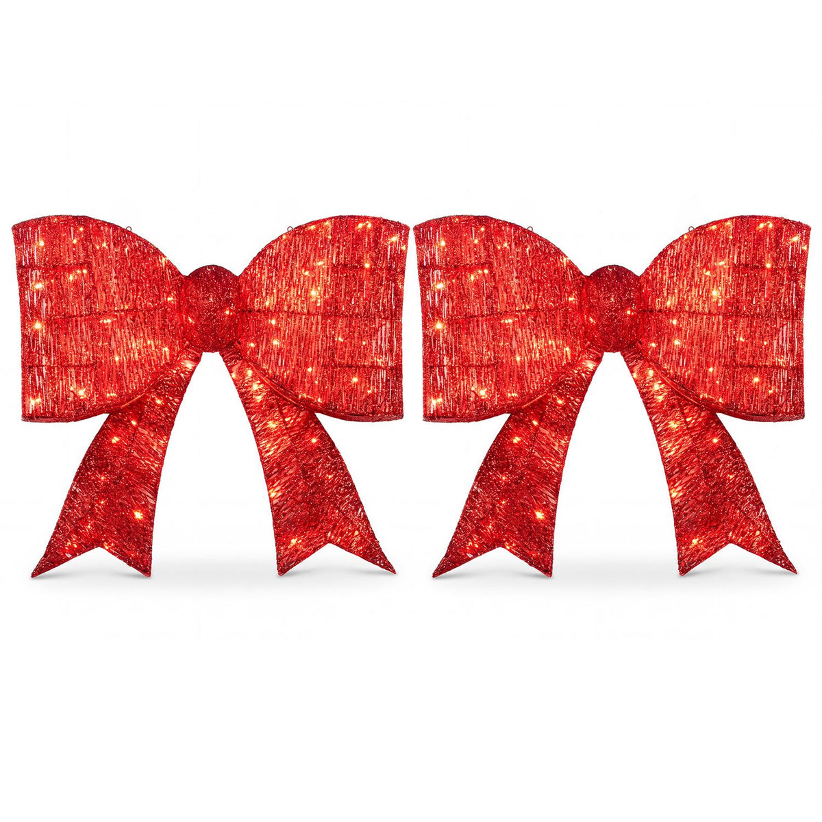 Two matching red bows with warm lights displayed side by side against a white background.