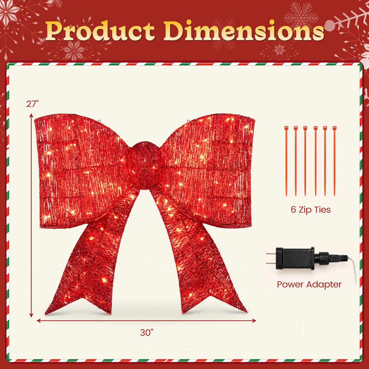 Red illuminated bow shown with measurement arrows, zip ties, and a power adapter.