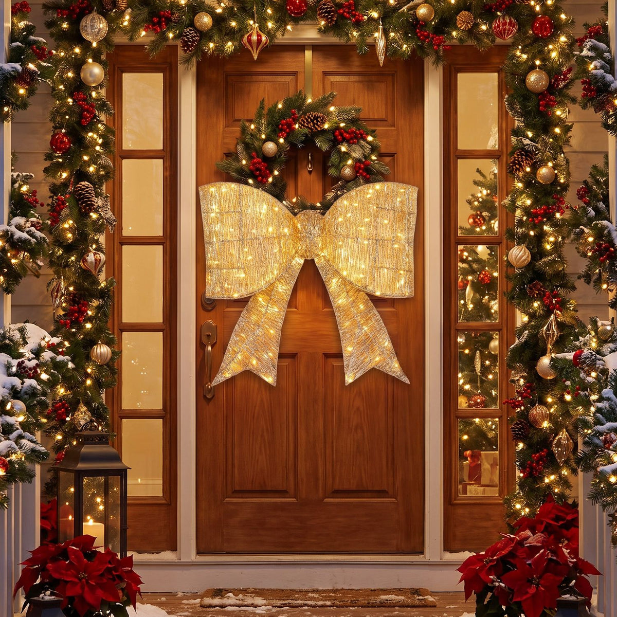 Large illuminated gold bow hangs on a wooden front door framed by Christmas garlands and lights.