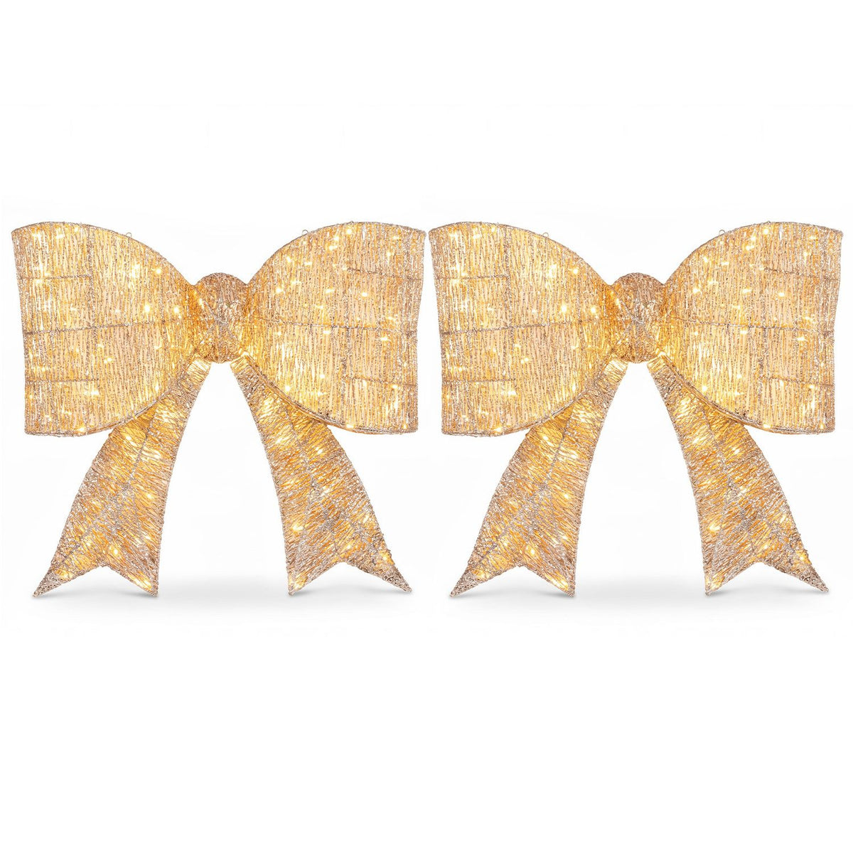 Two matching gold wire bows glow against a plain white background.