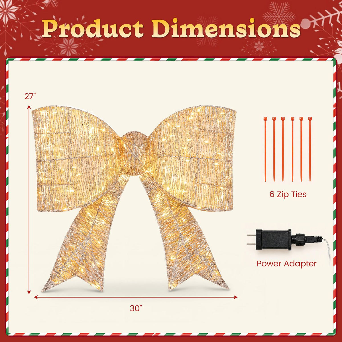 Illuminated gold bow shown with measurement arrows, zip ties, and a power adapter.