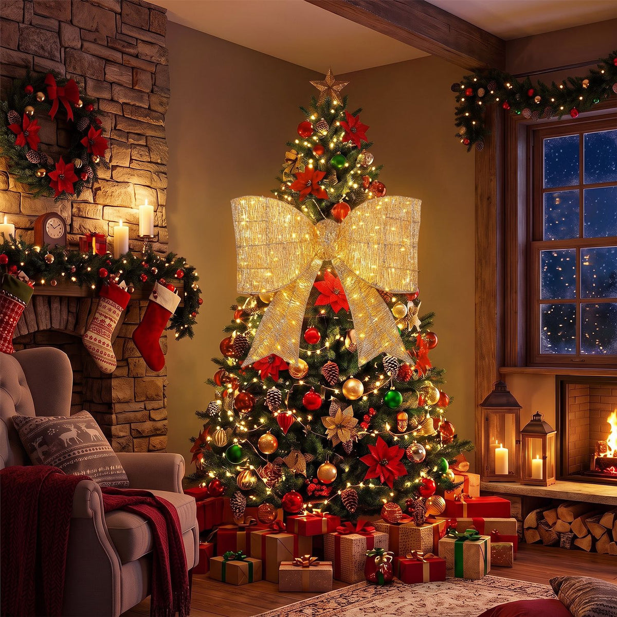A large illuminated gold bow sits on a decorated Christmas tree in a cozy living room.