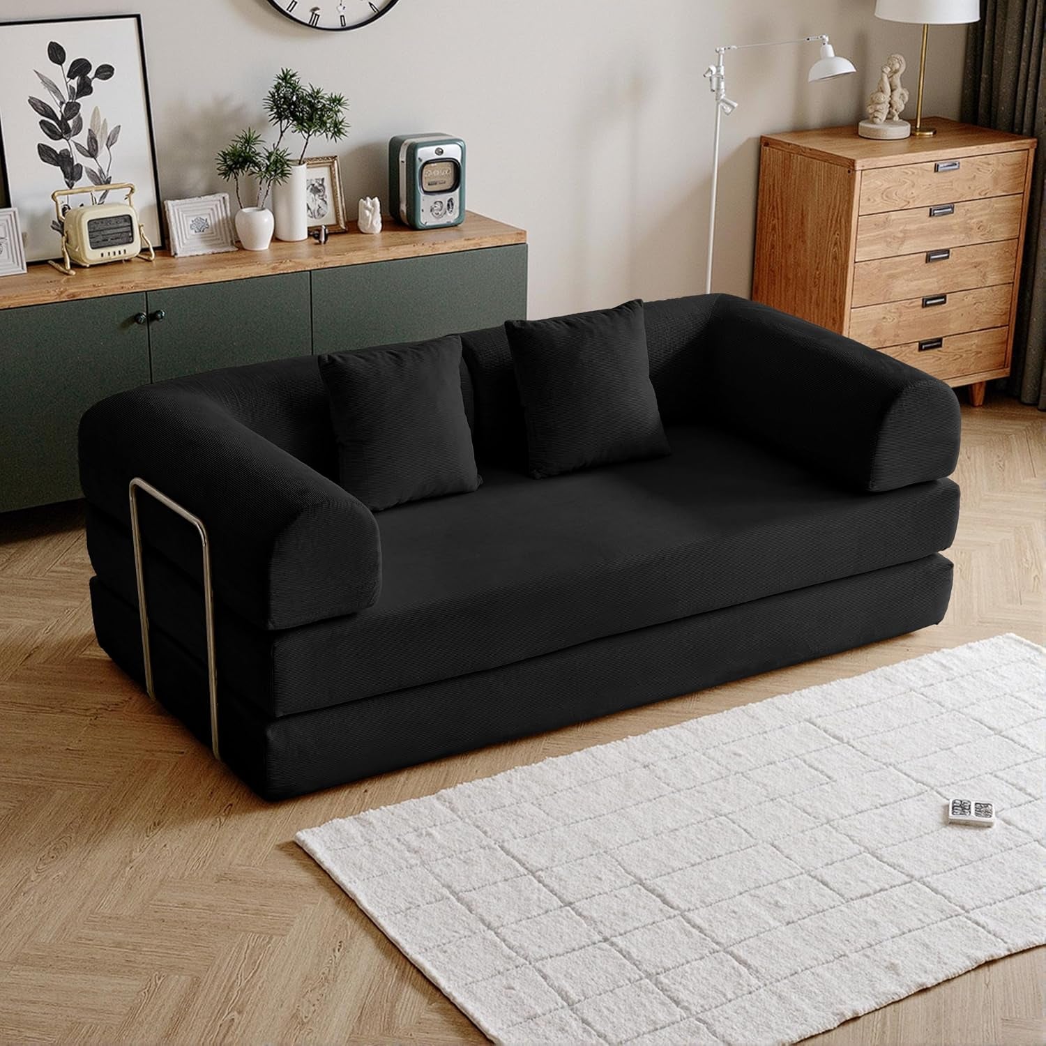 59'' Convertible Compressed Corduroy Folding Cloud Sofa Bed, Modern Boneless Pull Out Loveseat Sleeper in a Box, 4 in 1 Floor Mattress Futon Cloud Couch, No Assembly Needed, Green, 2 Pillows, Queen