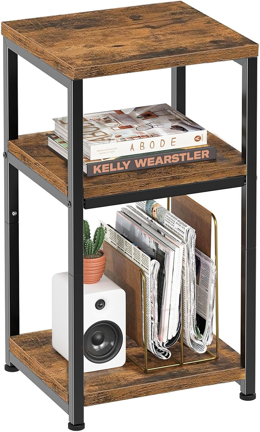 Rustic brown three-tier side table front view showing wood shelves and black metal frame
