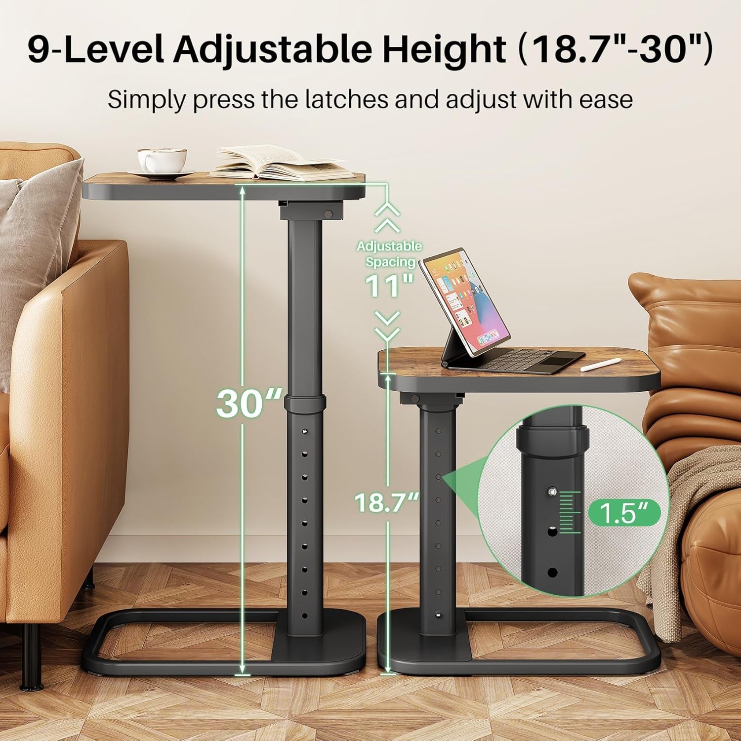 Two tables at different heights side by side illustrating adjustable height with a close-up of the pole.