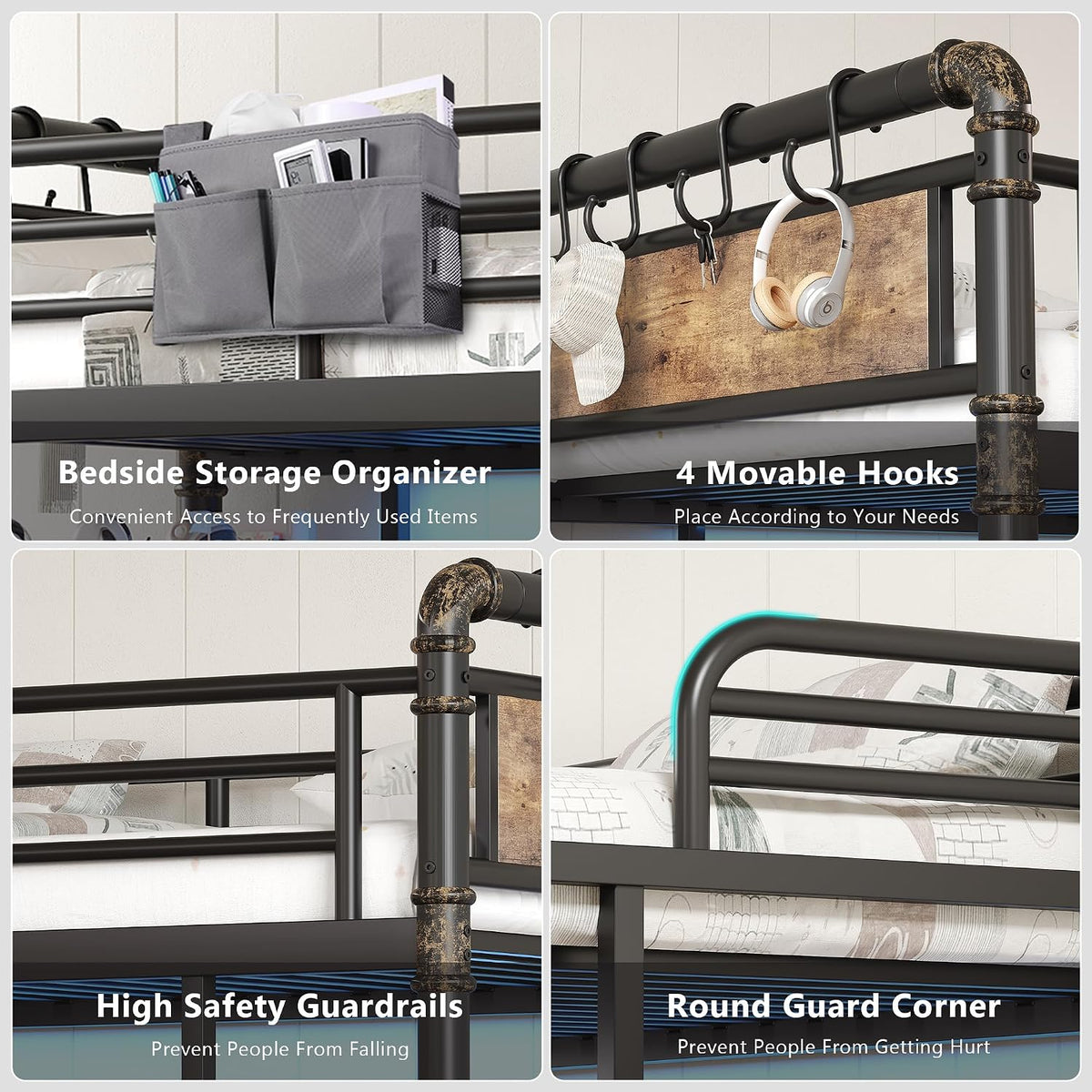 Four closeups showing a fabric bedside organizer, four hanging hooks on the rail, high metal guardrails and a rounded guard