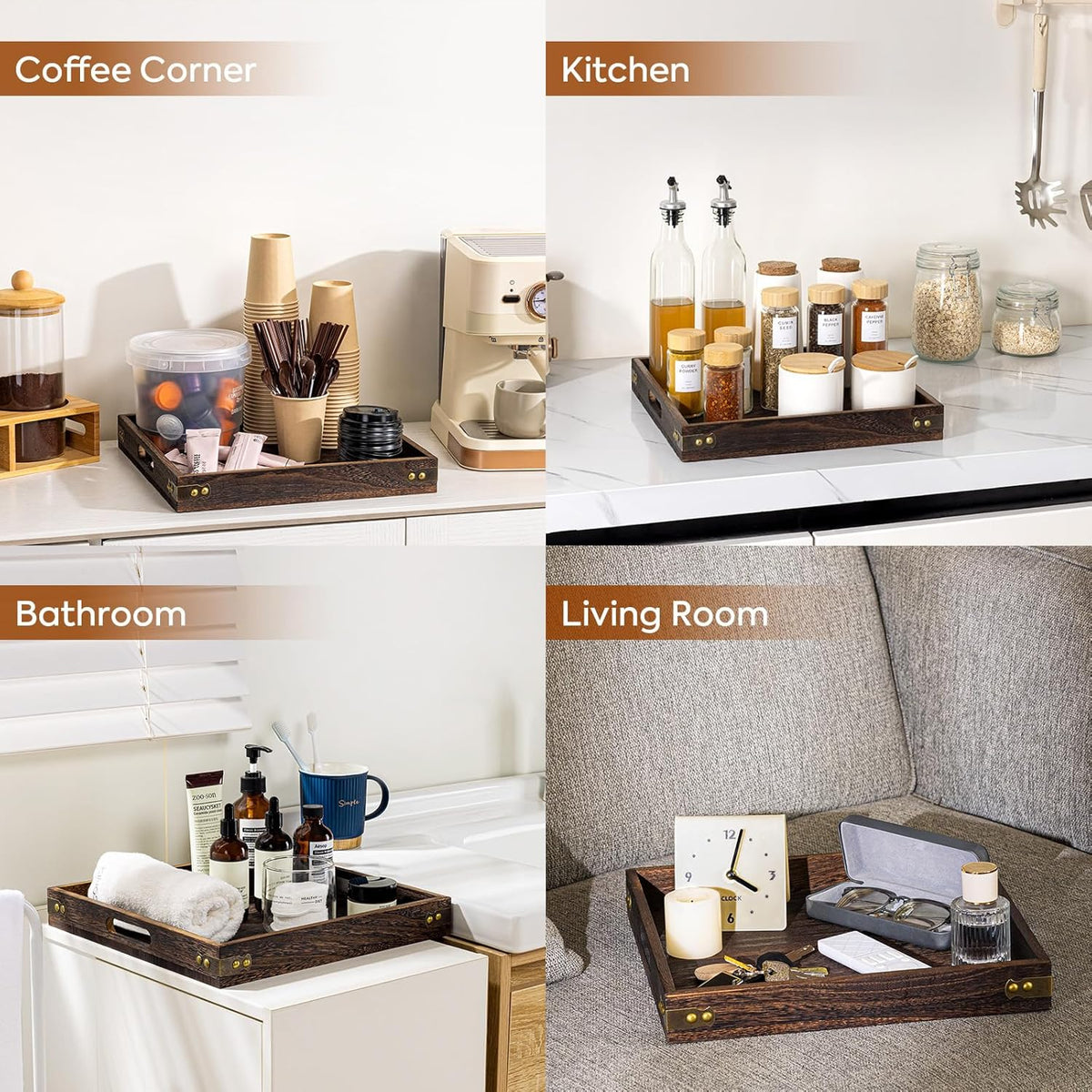 Four-panel collage showing the tray styled in labeled coffee corner, kitchen, bathroom and living room scenes.