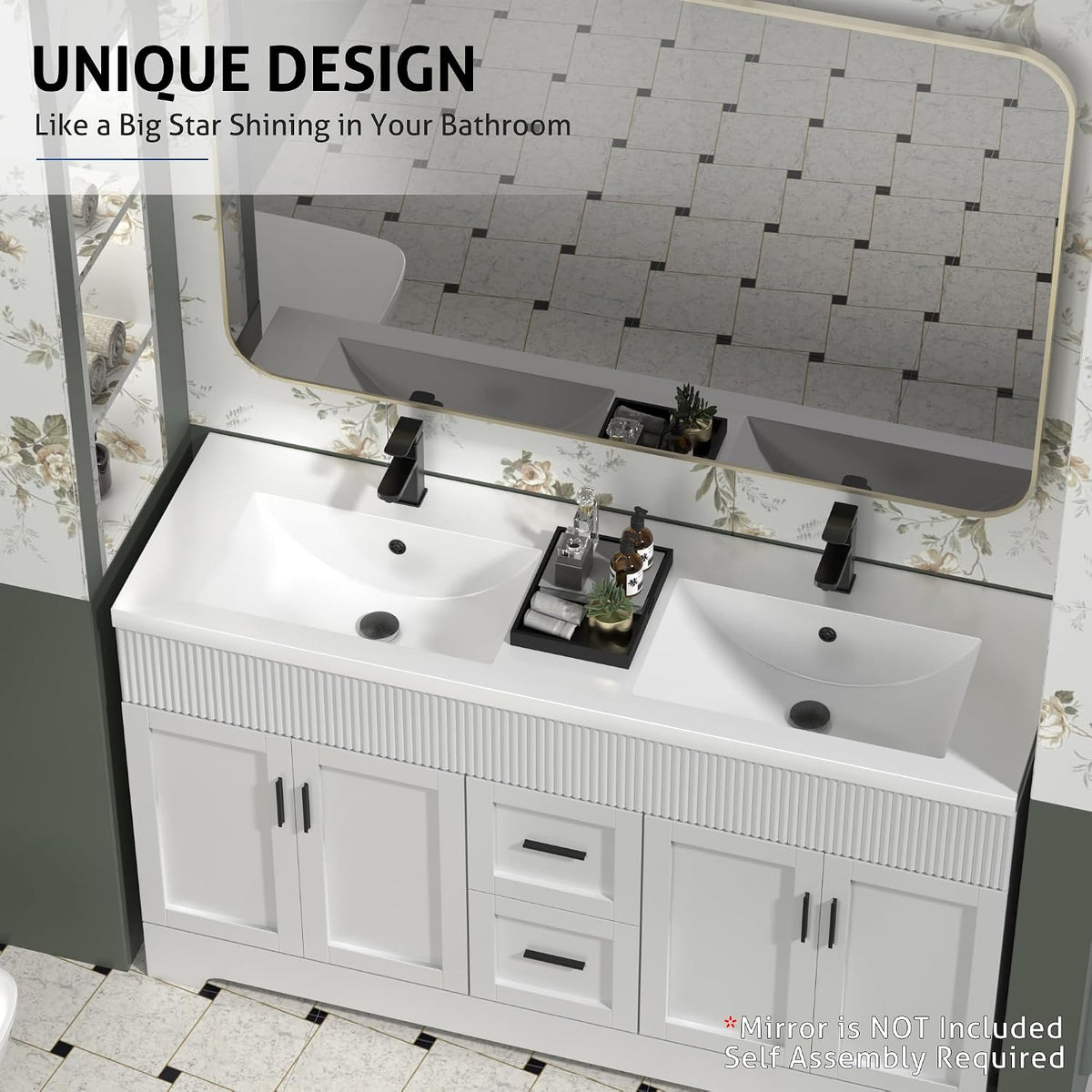 Angled overhead view of double undermount sinks, center drawers and wave-pattern ribbed front on a white vanity