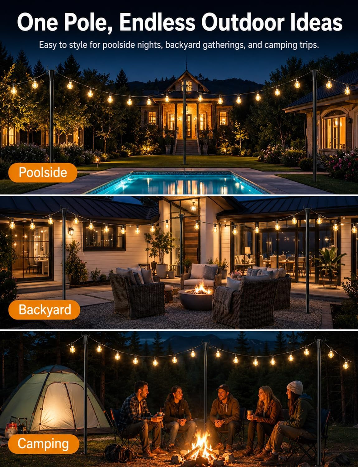 Three lifestyle scenes showing the poles in poolside, backyard, and camping settings.