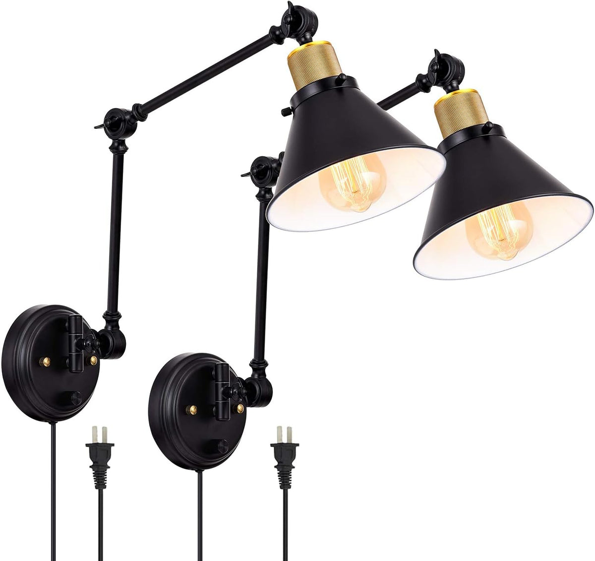 Pair of matte black swing‑arm wall sconces with gold‑tone sockets and black cords on white background
