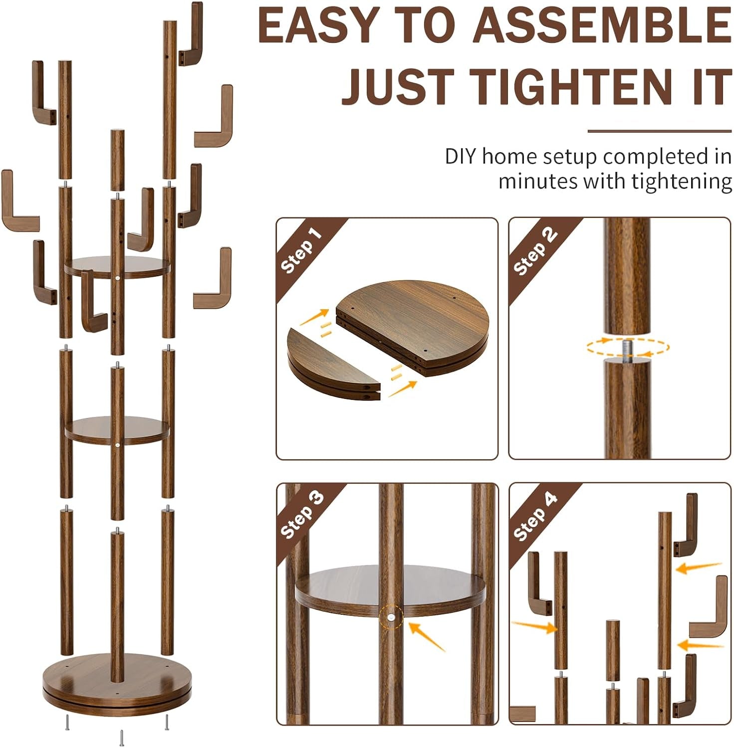 Exploded assembly view showing all poles, shelves and L-shaped hooks separated for building the coat rack