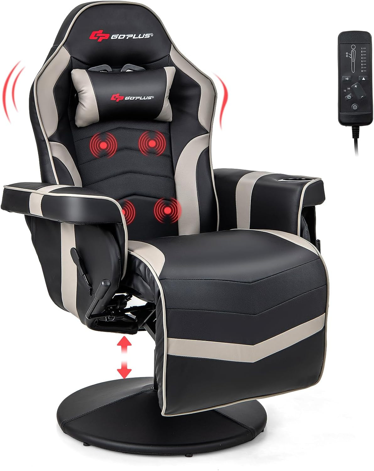 Black and grey gaming recliner angled front view with footrest extended and wired controller visible