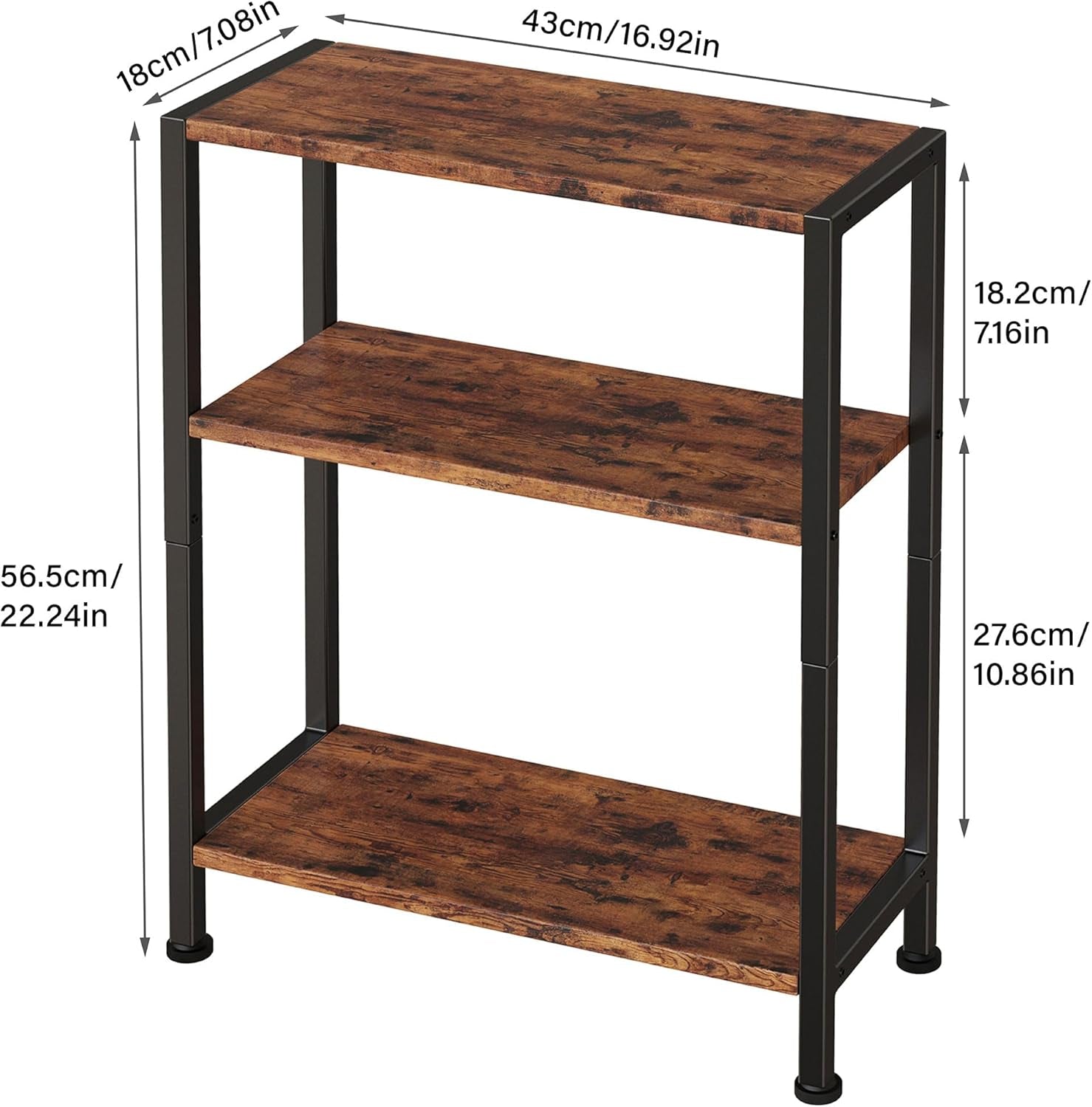 Annotated dimensions of the three-tier narrow side table showing 16.92in width and 22.24in height