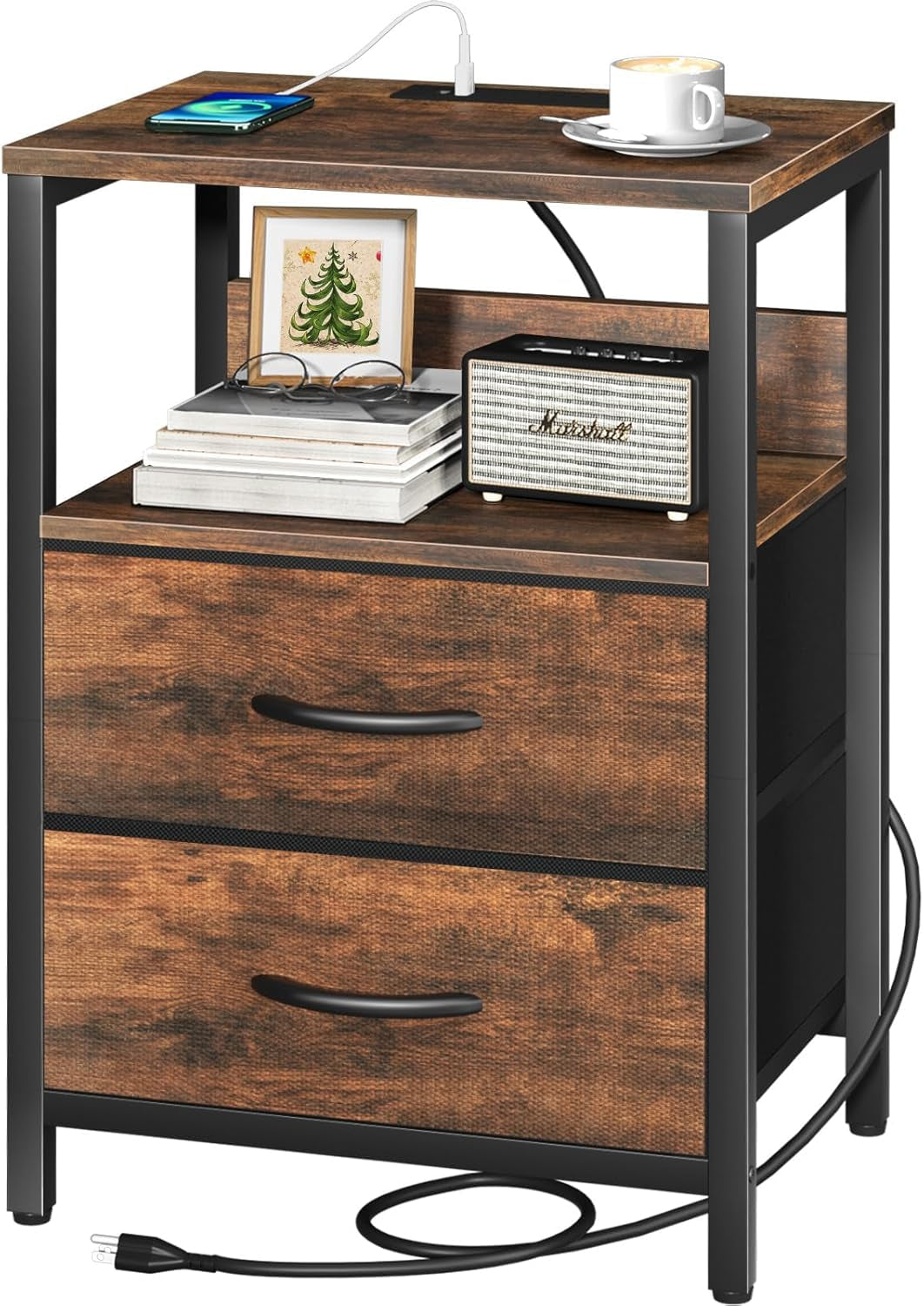 Rustic brown two-drawer nightstand front view showing fabric drawers, metal frame and top with power cord