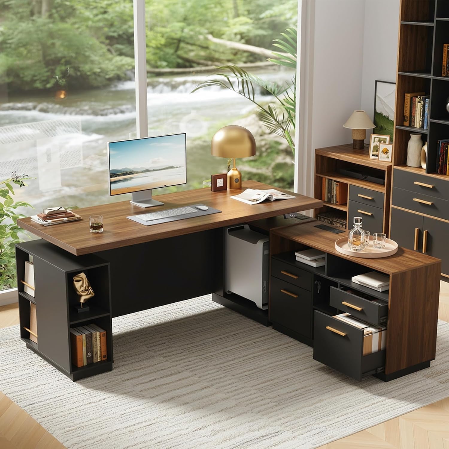 L-shaped Black Walnut desk in a bright room, angled front view showing open shelving and drawers under the top