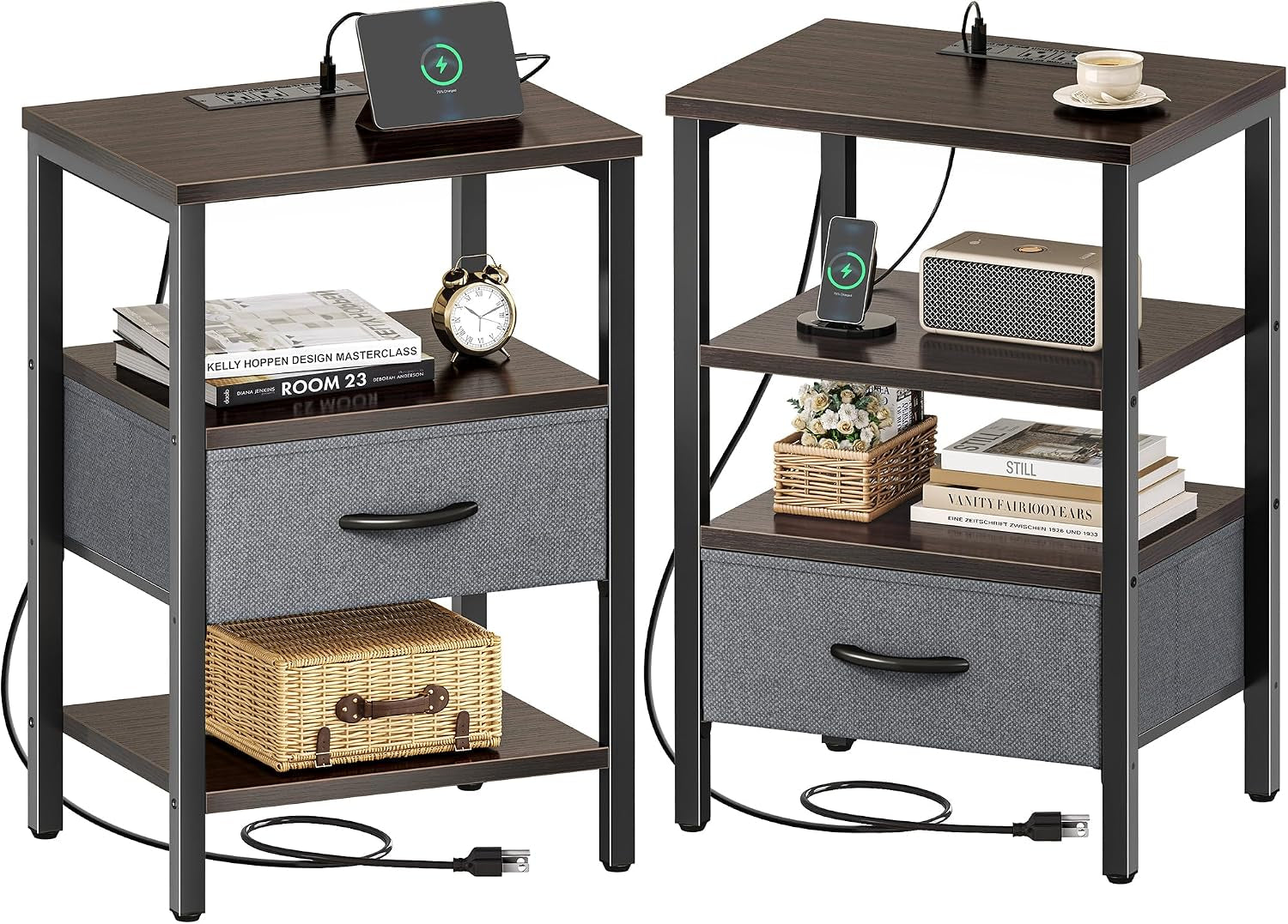 Two brown nightstand variants side-by-side showing wood top, fabric drawer, open middle shelf and power cord.