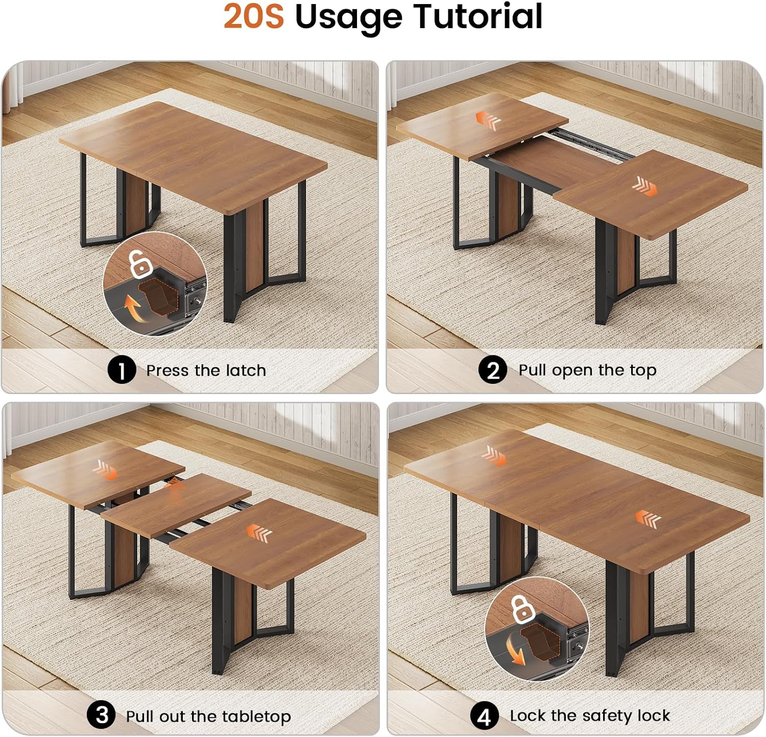 Four-panel tutorial showing the brown table opening, extending its center leaf, and engaging the safety lock.