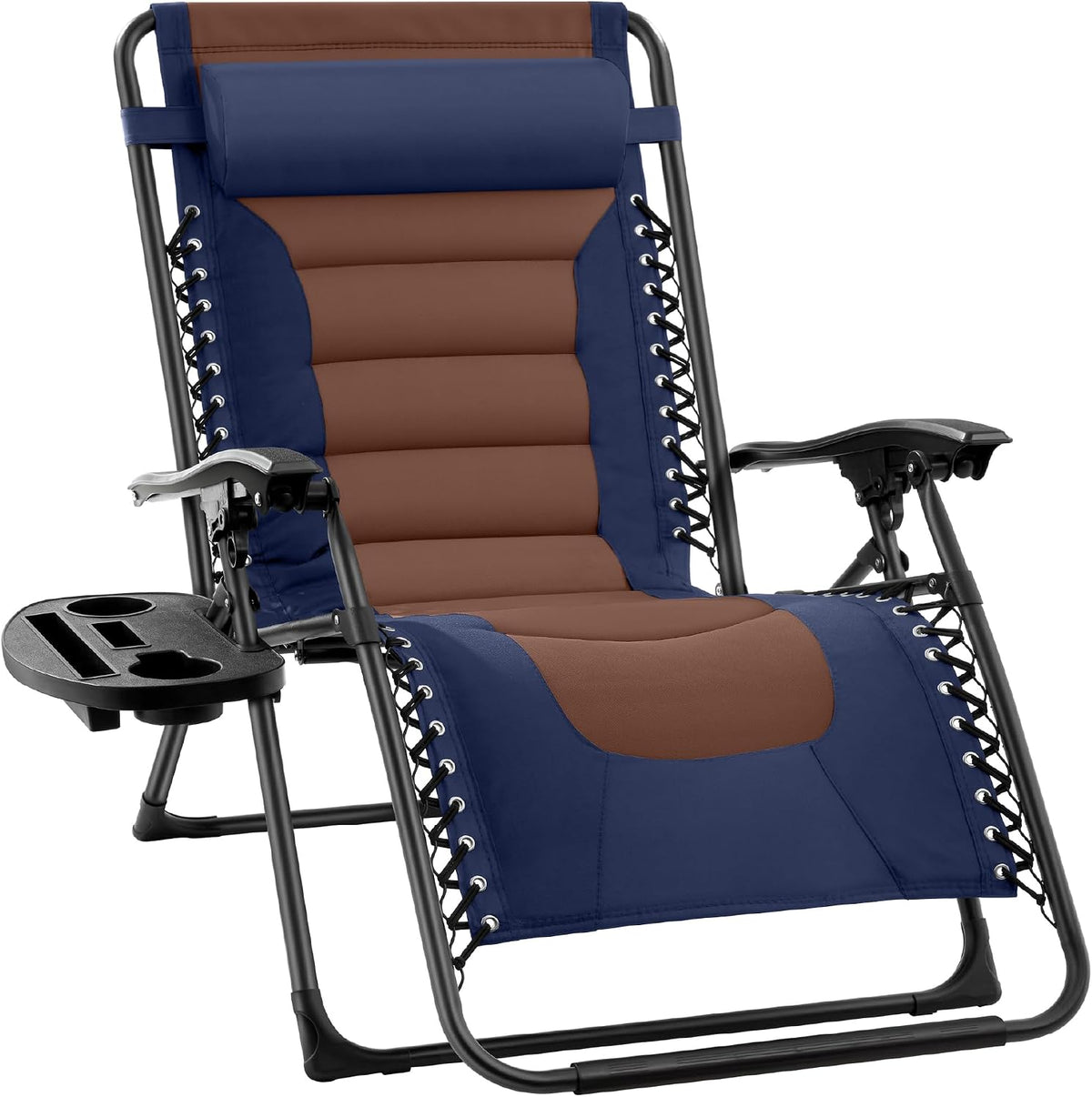 Close angled view of a navy recliner with brown padded lumbar and seat insert plus cup-tray.