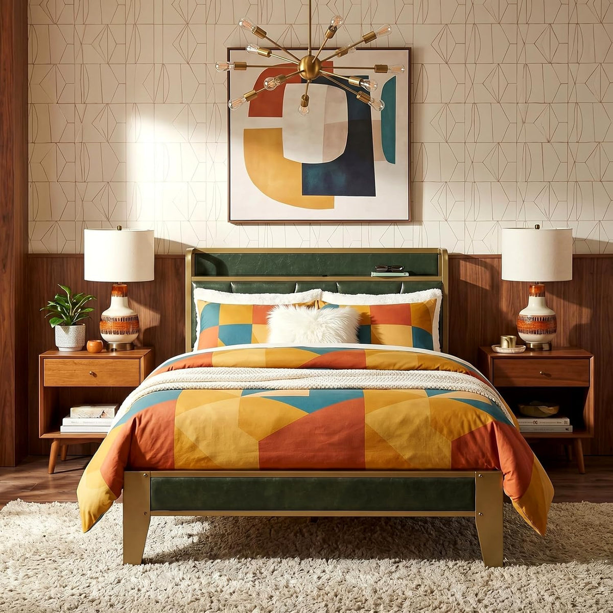 Midcentury-style bedroom with green upholstered headboard, colorful geometric bedding and wooden nightstands.
