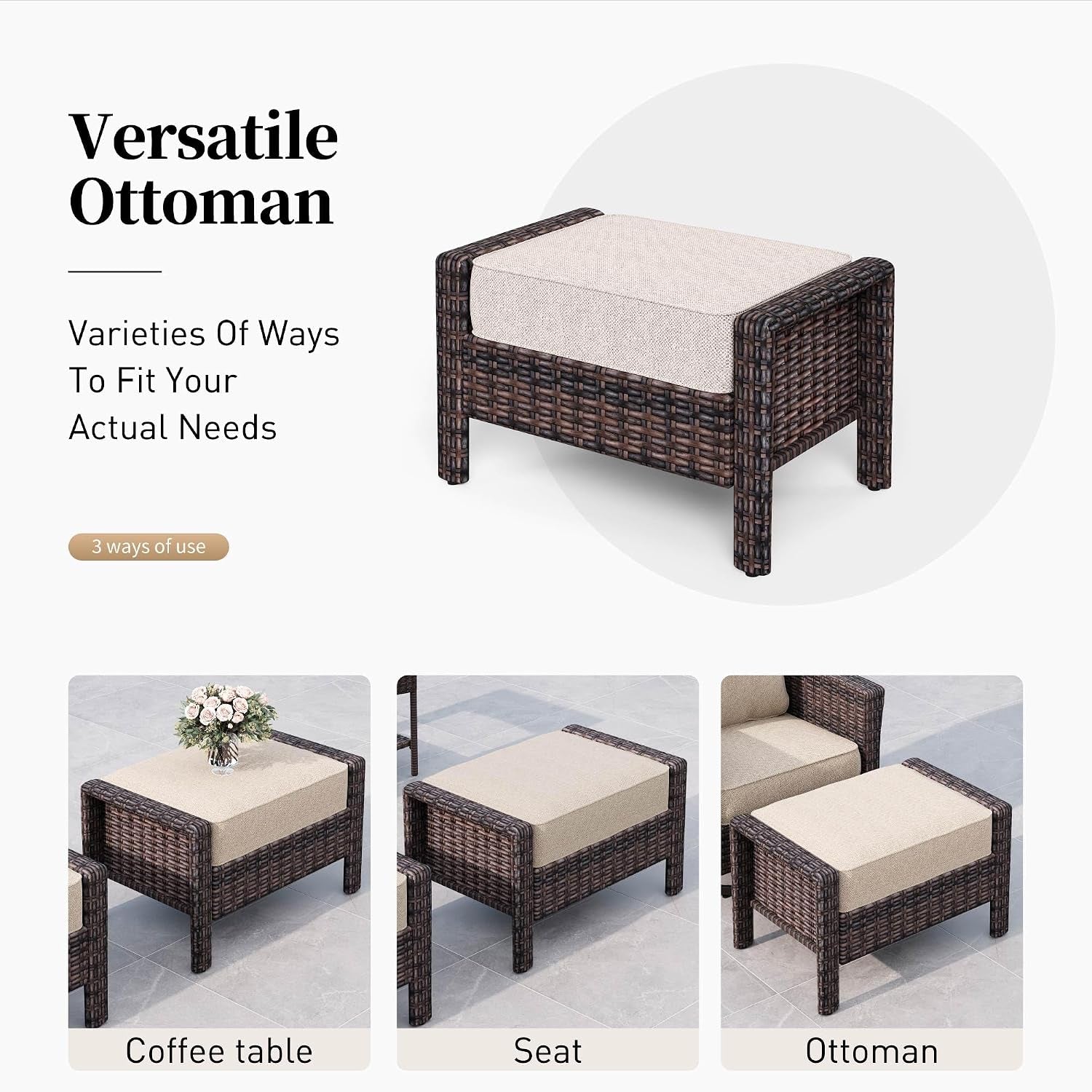Brown wicker ottoman with beige cushion shown alone and in three small images as coffee table, seat, and ottoman