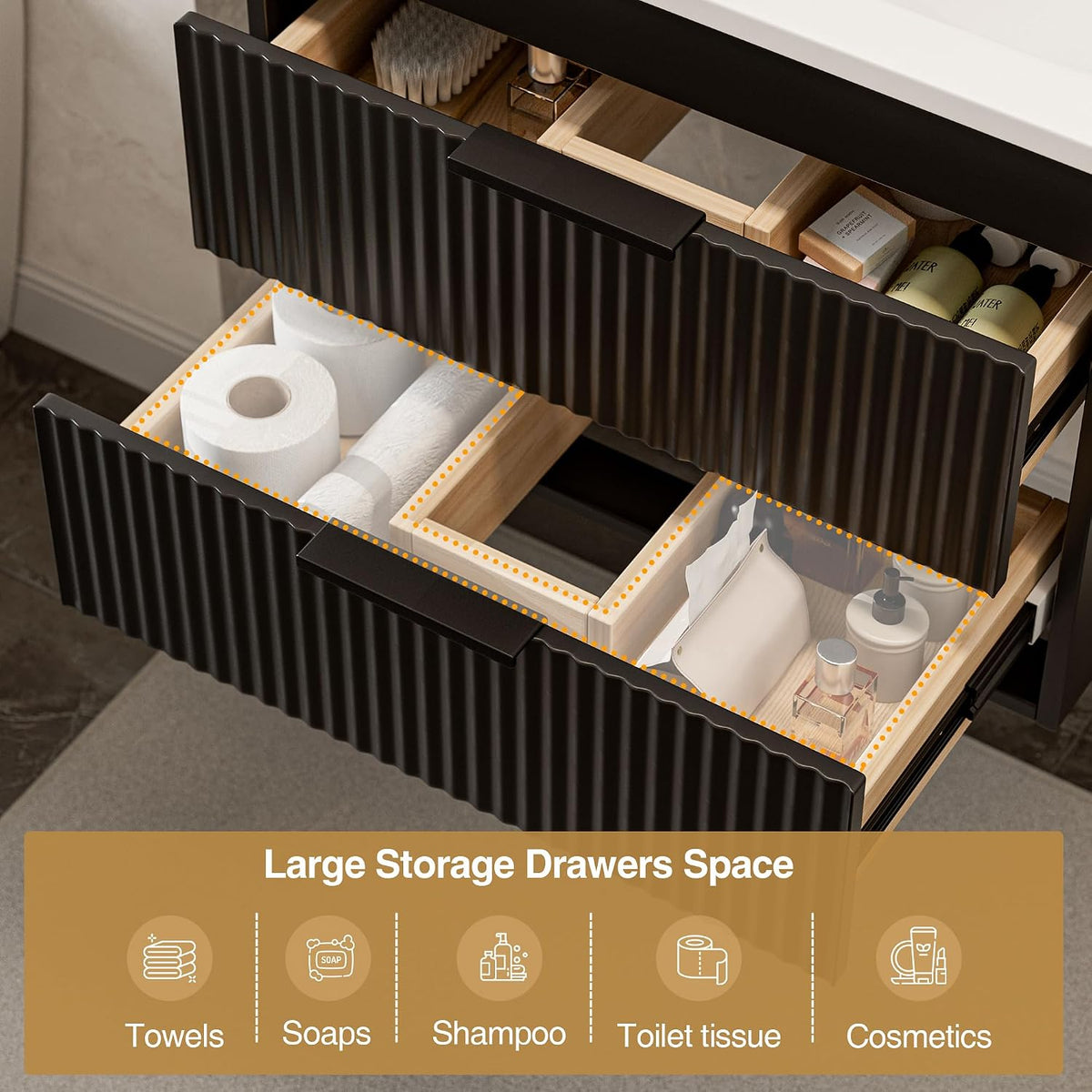 Open drawers in black vanity showing divided storage with toilet paper and toiletries inside