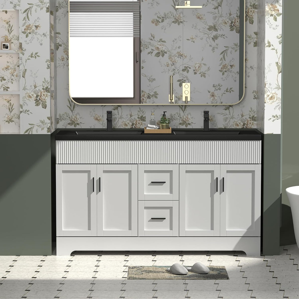White double-sink bathroom vanity with fluted upper apron and floral wallpaper mirror above.