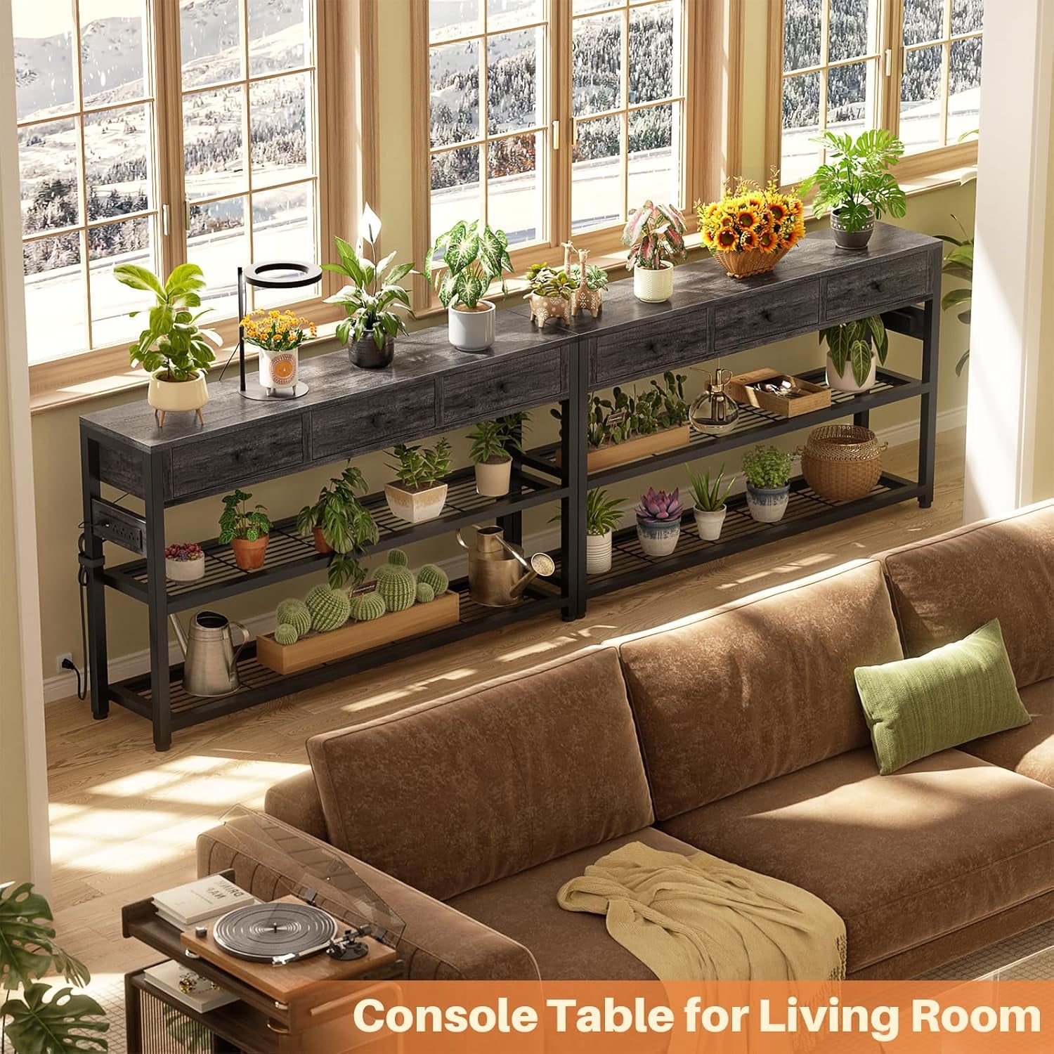 Two grey console tables side-by-side styled with potted plants and decor beneath tall living-room windows