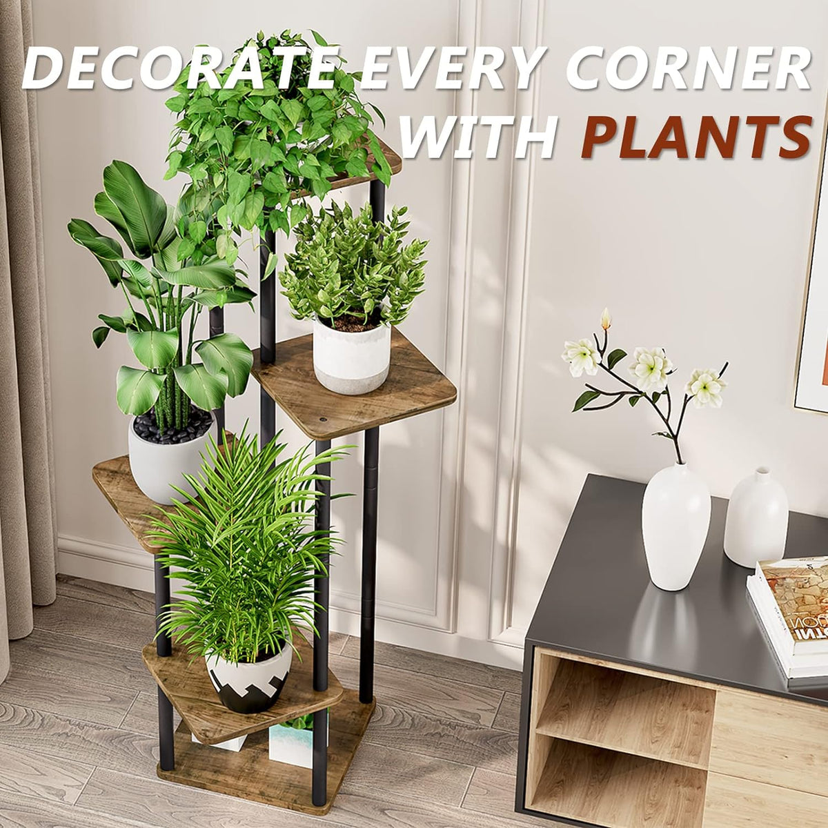 Close-up angled top view of the corner plant stand with potted plants and a decorative room vignette