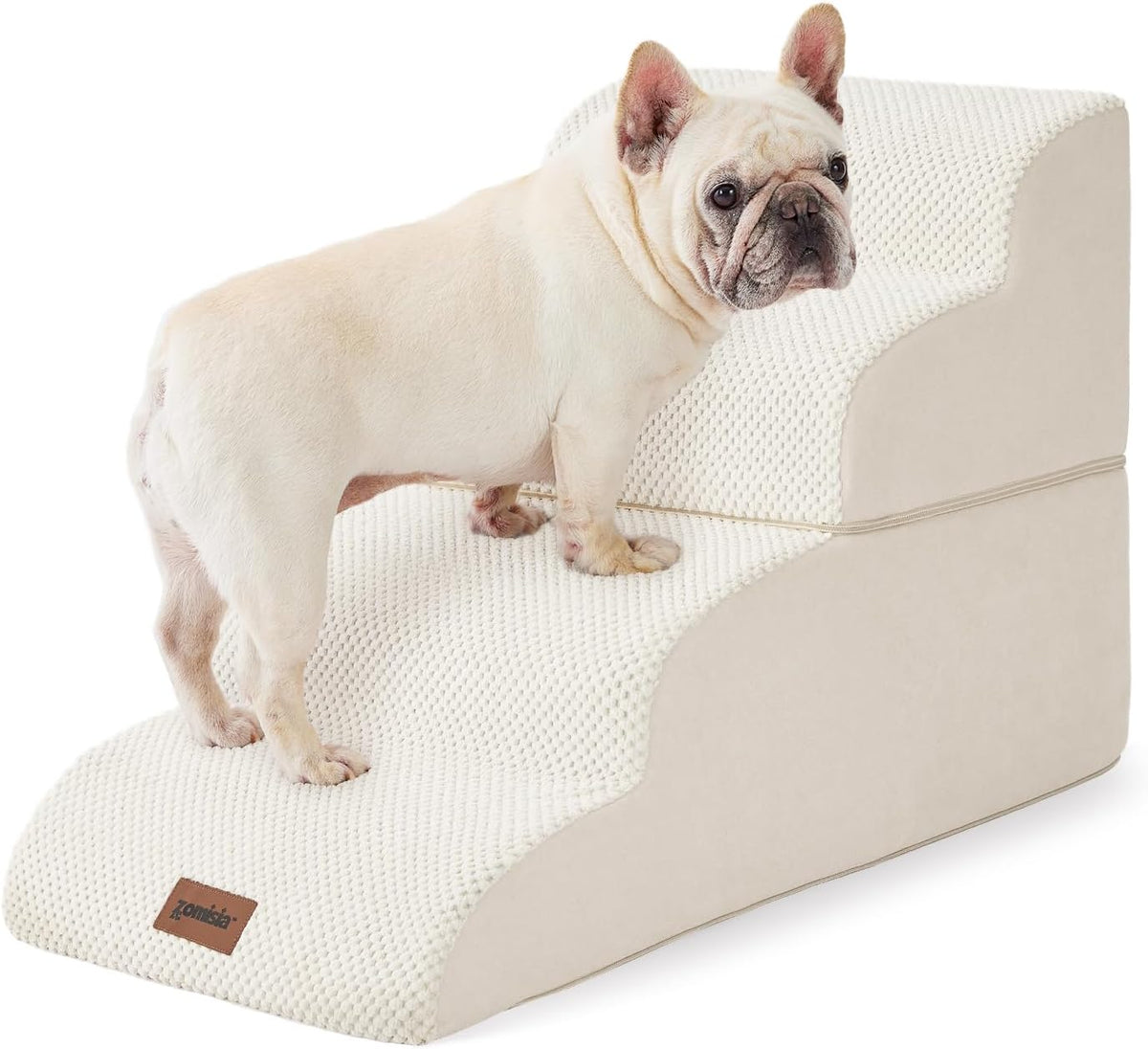 Ivory pet stairs shown split into two stacked foam sections with a dog standing across the seam