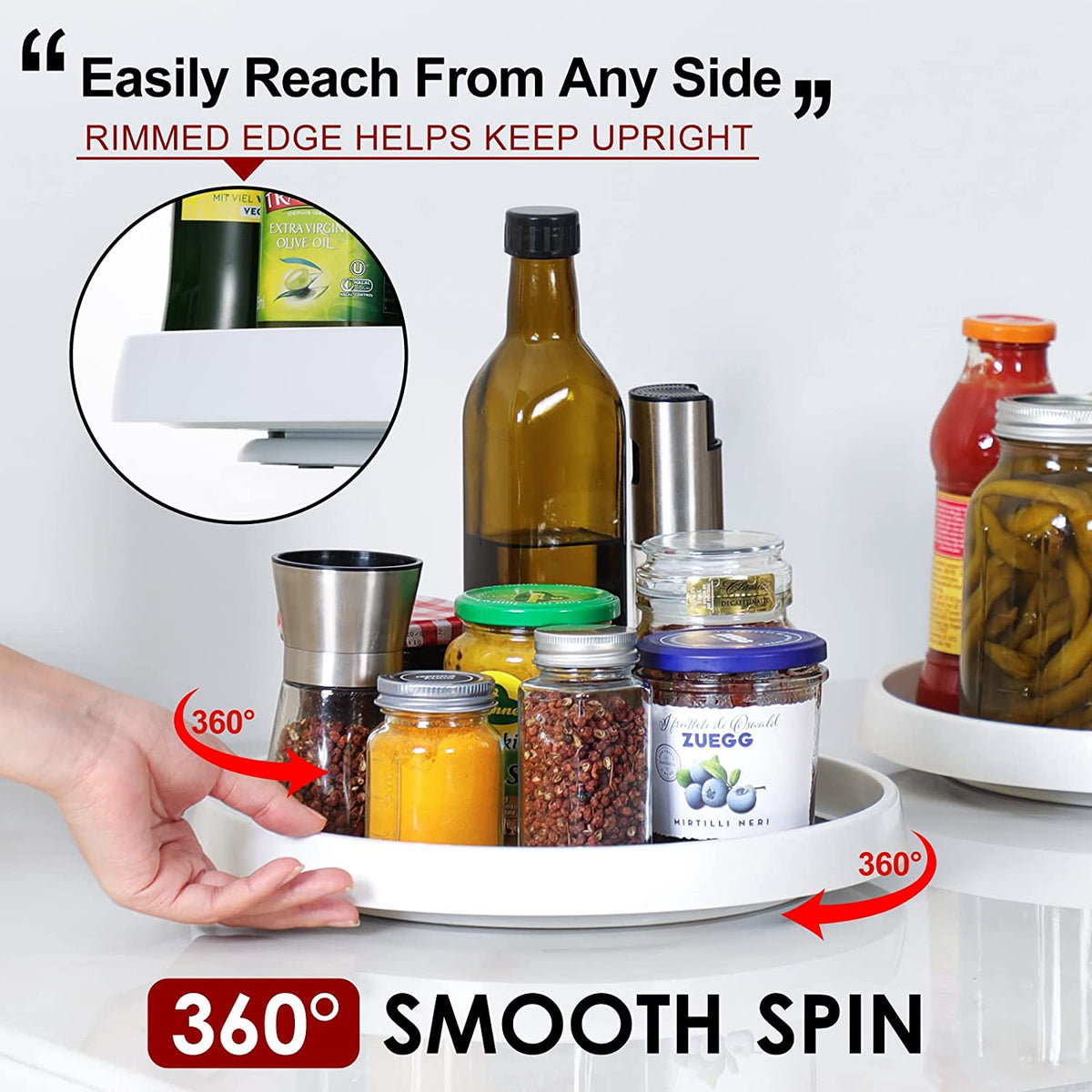 Turntable on a countertop with rimmed edge being spun by hand while holding spice jars and bottles