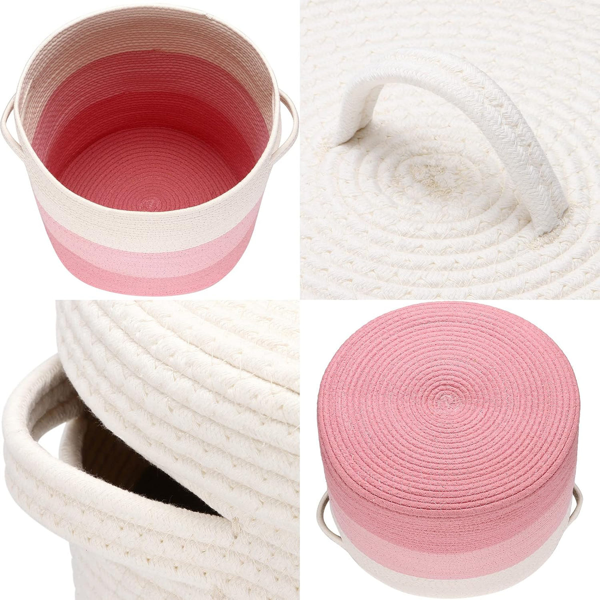 Top-down view of pink tri‑tone cotton rope basket interior with matching round lid shown separately