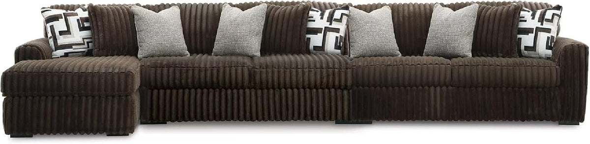 Straight-on profile of a chocolate-brown ribbed sectional with a left chaise and continuous vertical channels.