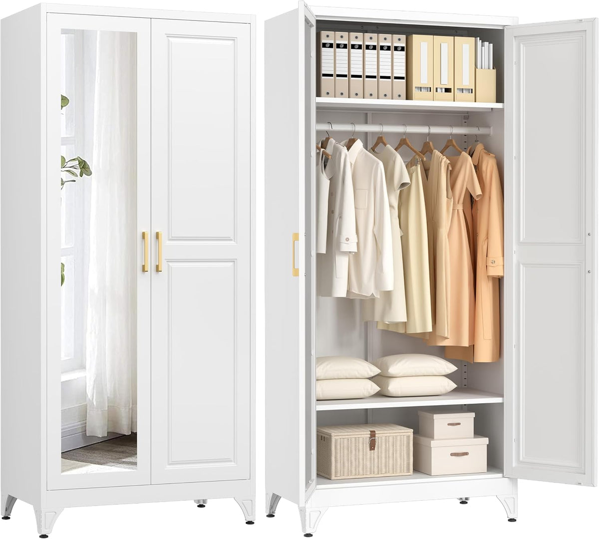 White two-door metal wardrobe with one mirrored door and an open section showing hanging clothes and shelves